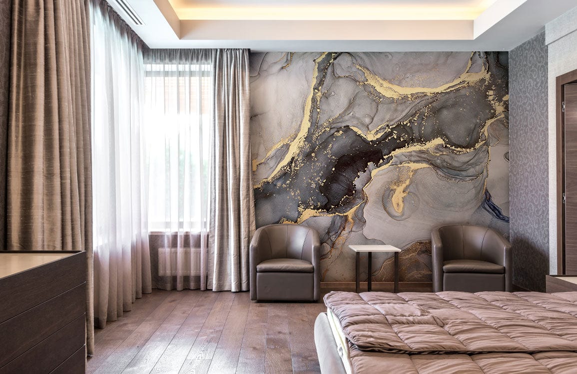 Luxury Gold and Grey Marble Mural Wallpaper, elegant bedroom, brown leather chairs, wooden flooring.