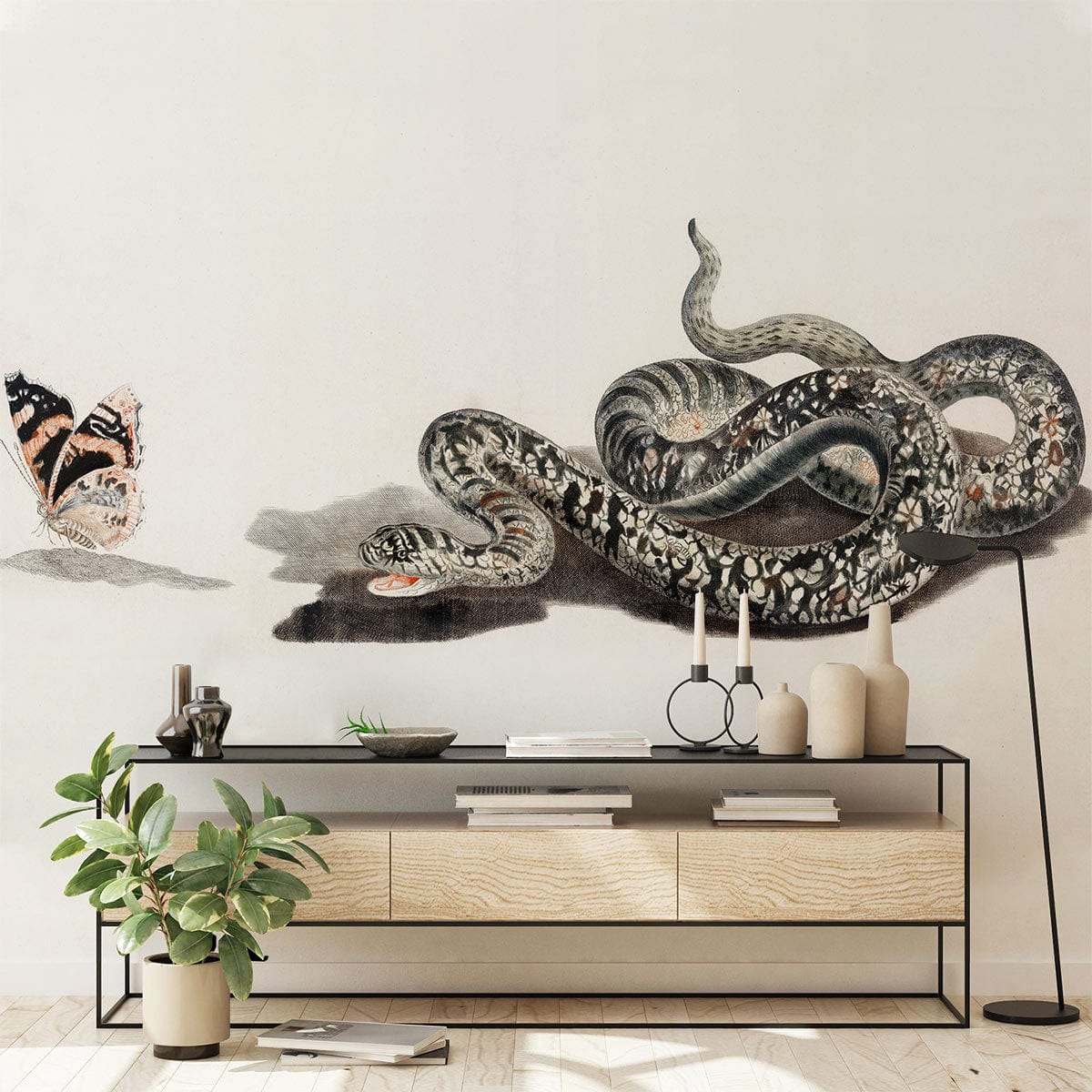 Vintage snake and butterfly mural wallpaper in neutral tones, minimalist console, hardwood flooring, serene room.