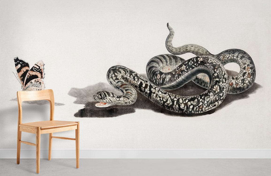 Vintage snake and butterfly mural wallpaper, neutral tones, with wooden chair and grey flooring.