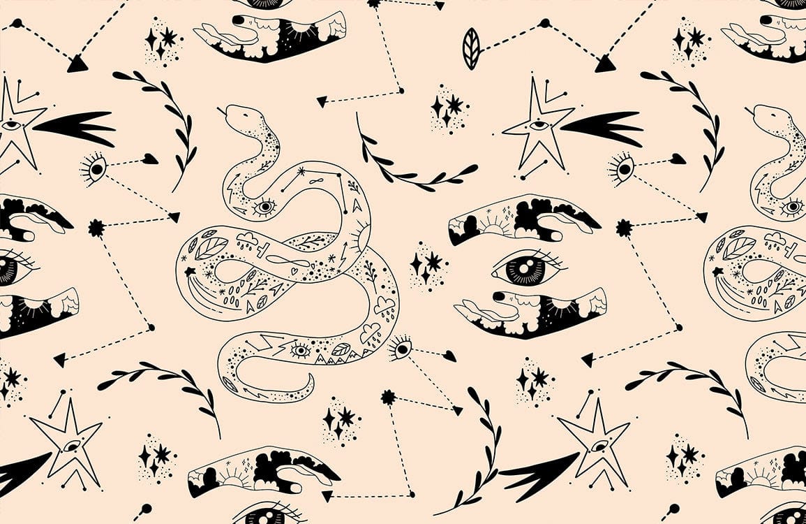 Vintage Tattoo-Inspired Beige and Black Snake Pattern Wallpaper Design
