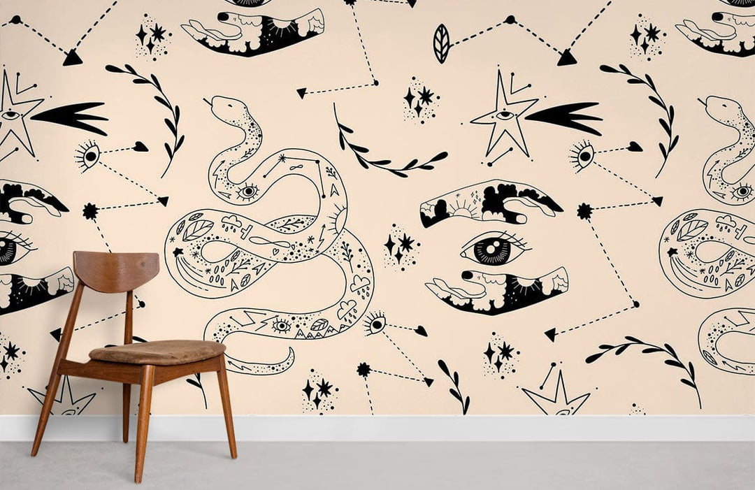 Vintage tattoo-inspired snake wallpaper in beige and black. Wooden chair, light grey flooring present.