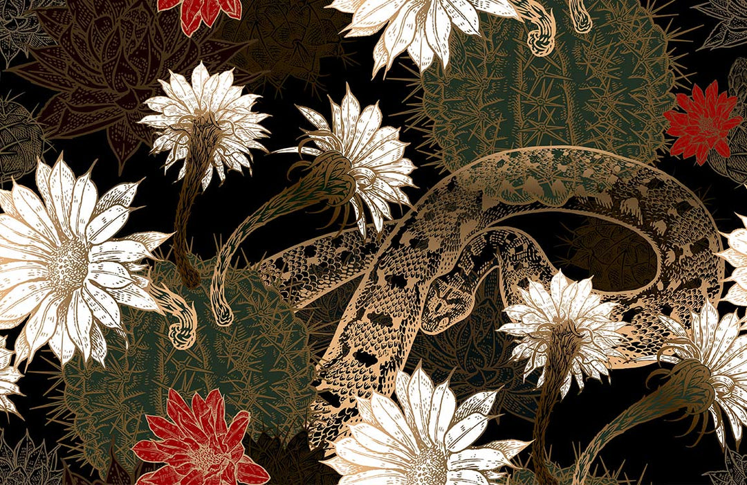 Exotic Snake Botanical Wallpaper: Bold Floral Pattern in Dark Tones