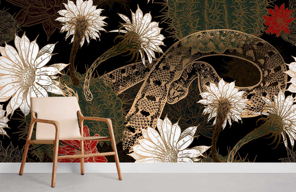 Exotic Snake Botanical Wallpaper featuring bold florals, with wooden chair, light grey flooring in living room.