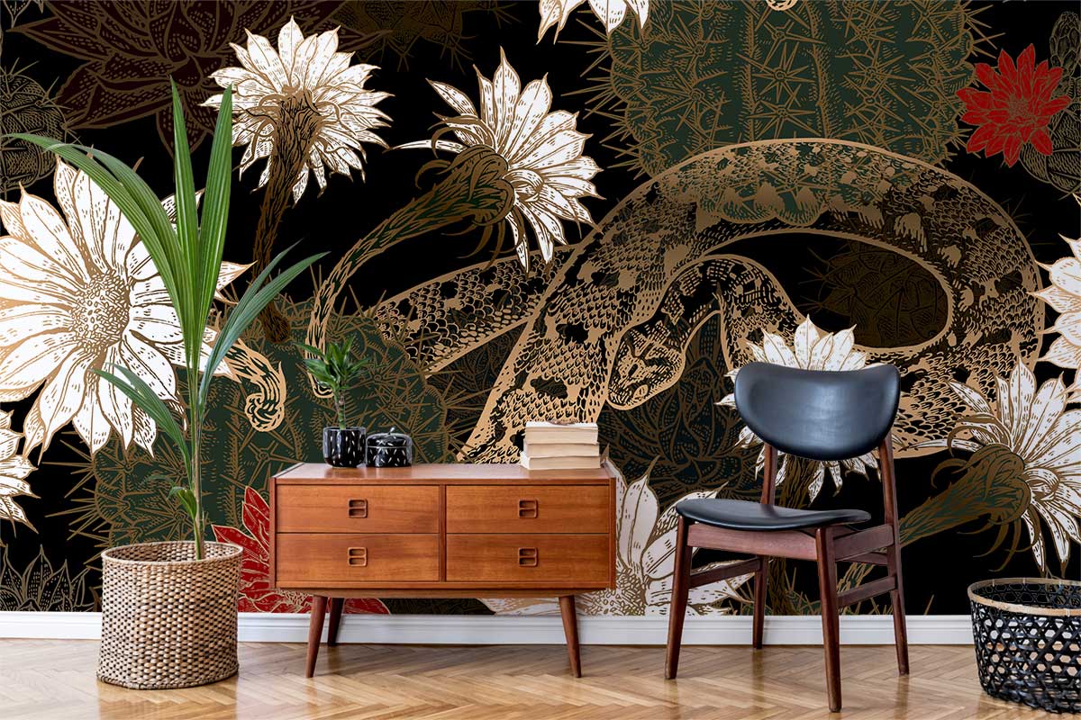 Exotic Snake Botanical Wallpaper with floral pattern; dark tones; mid-century wooden sideboard, black chair.