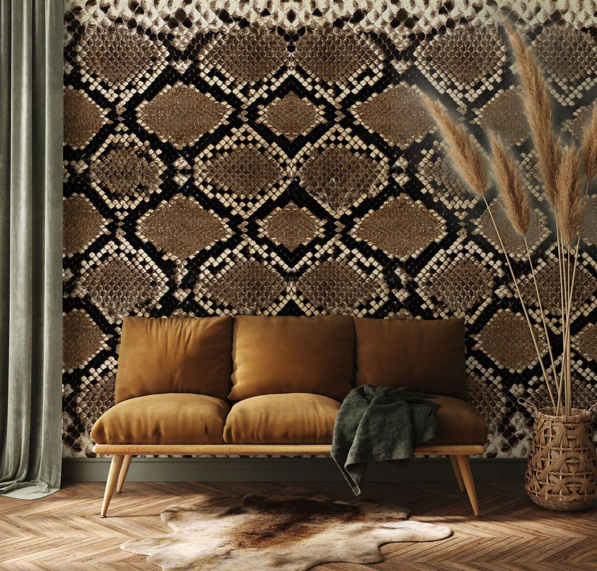 Exotic wallpaper with brown snake pattern, brown velvet sofa, wooden flooring in a stylish living room.