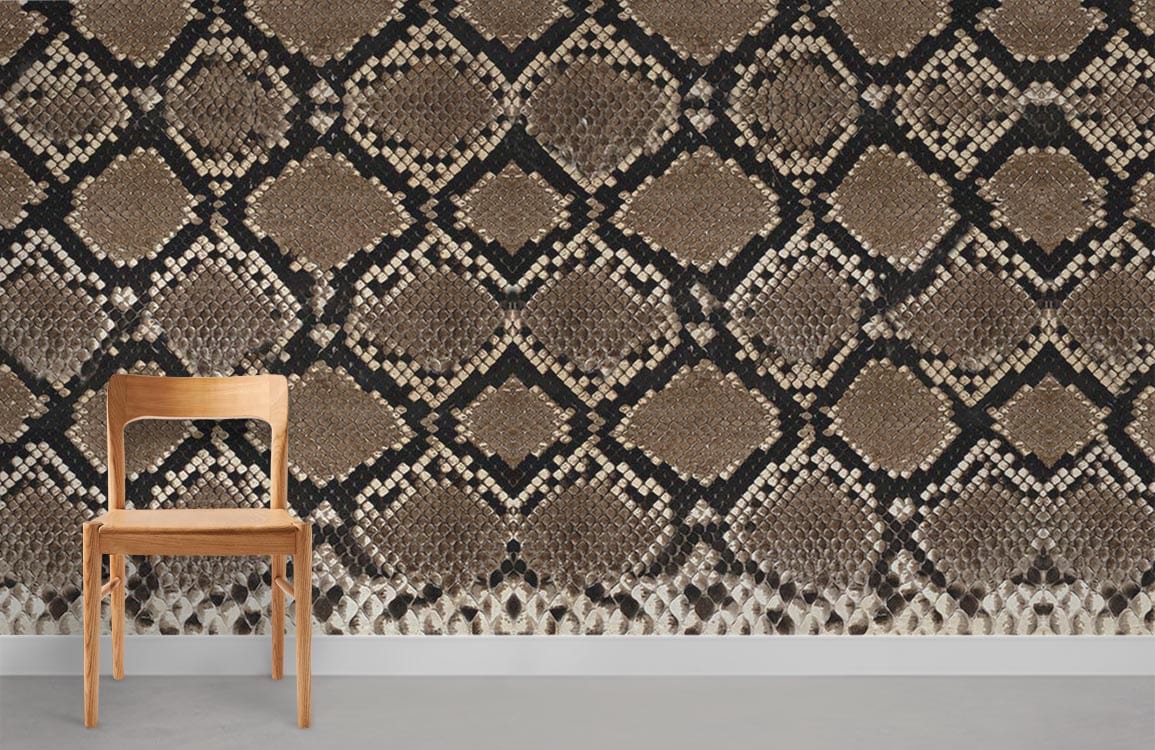 Exotic brown snake skin wallpaper on stylish wall with wooden chair, grey flooring in modern interior.