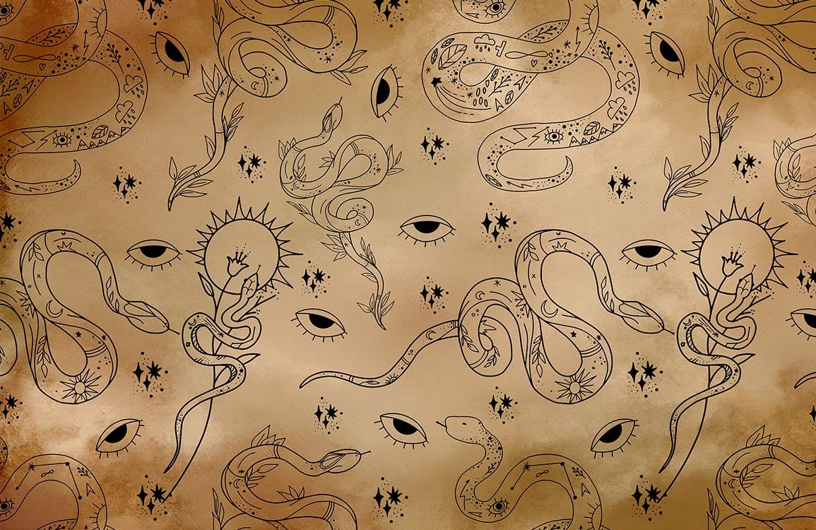 Mystical Serpent and Eye Pattern Wallpaper in Rustic Earthy Tones