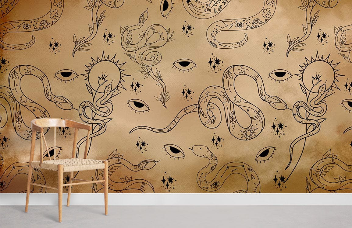 Mystical Serpent and Eye Wallpaper, rustic earthy tones, wooden chair, minimalist design, grey flooring.