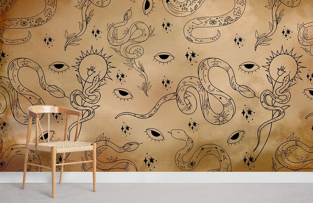 Mystical Serpent and Eye Wallpaper, rustic earthy tones, wooden chair, minimalist design, grey flooring.