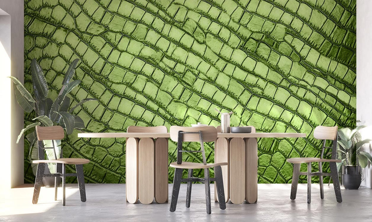 Green textured reptile skin effect wallpaper, dining room with wooden chairs, table, and light flooring.
