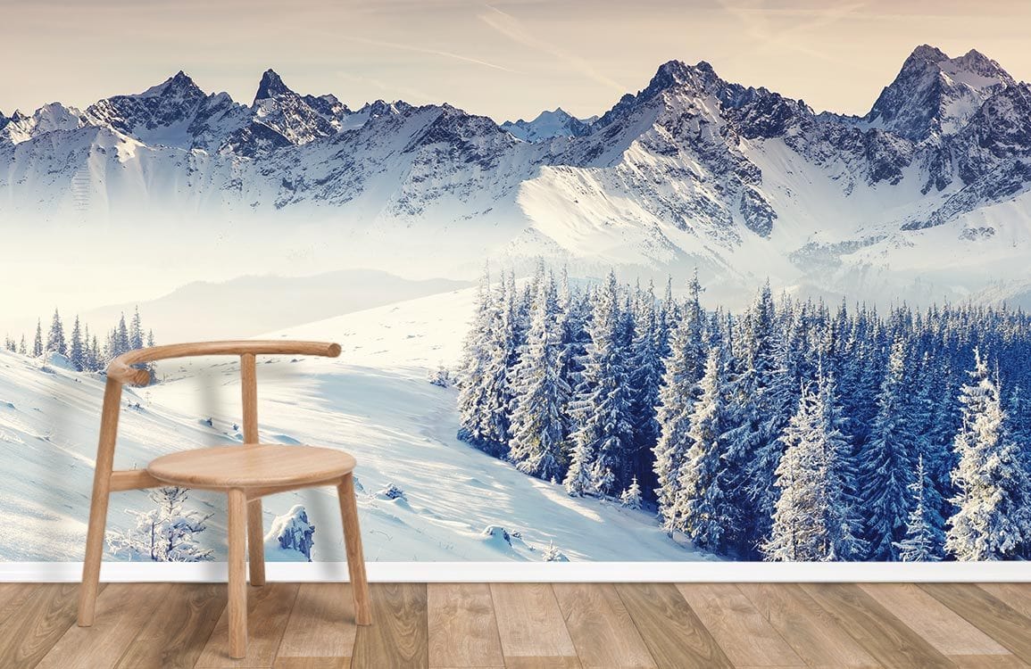 Serene Winter Mountain Landscape Mural, wooden chair, light wood flooring, Nordic minimalist room Décor.