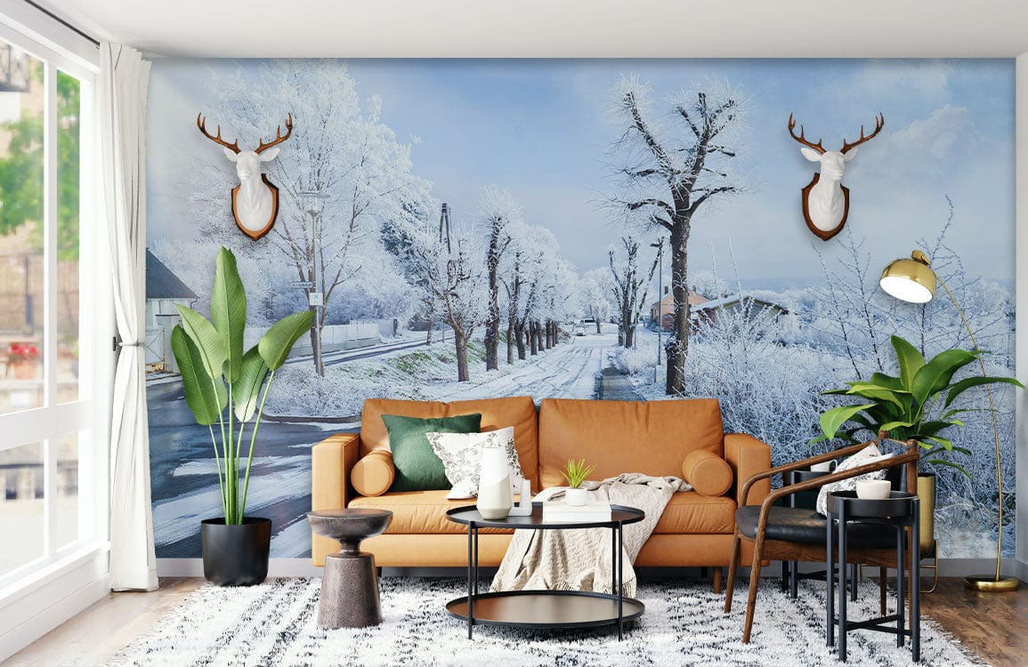 snow countryside road wallpaper mural for living room decoration