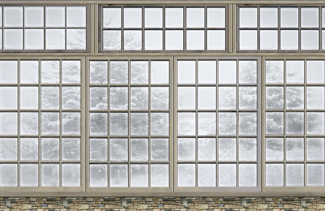 Rustic Winter Window View Mural Wallpaper with Frosted Snow Scene