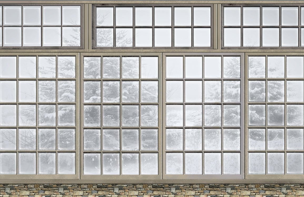 Rustic Winter Window View Mural Wallpaper with Frosted Snow Scene