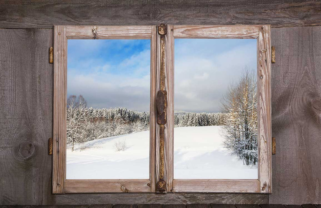 Rustic Winter Wonderland View Through Wooden Window Mural Wallpaper Art