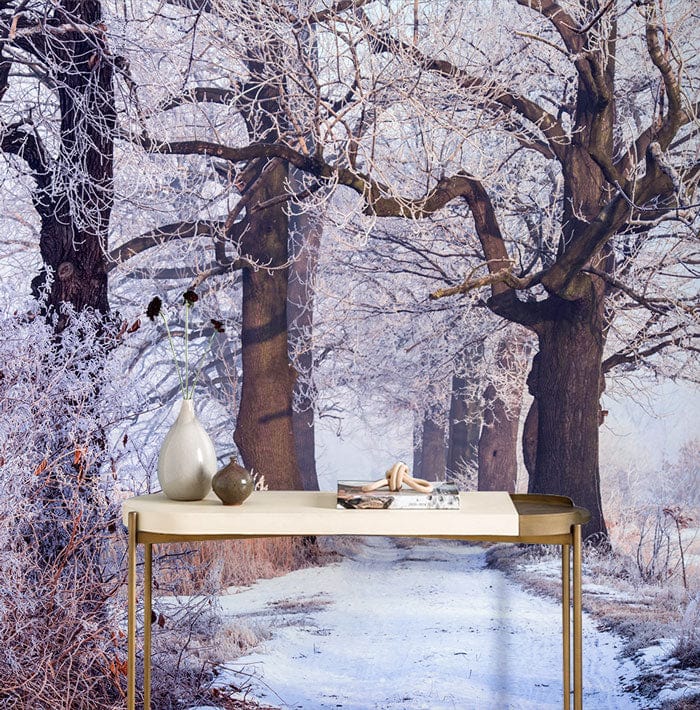 Winter Woodland Frosted Path mural with minimalist table; serene pastel tones; perfect for living rooms.
