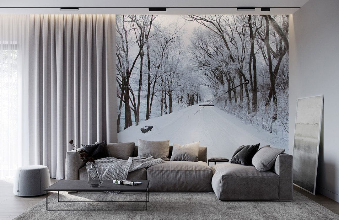 Luxurious living room with Winter Wonderland Snowy Tree Path Scenic Mural Wallpaper, grey sofa, modern flooring.