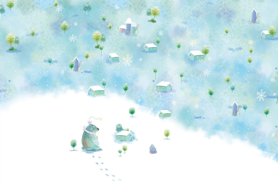 Whimsical Winter Wonderland Pastel Mural Wallpaper with Snowy Cottage Scene