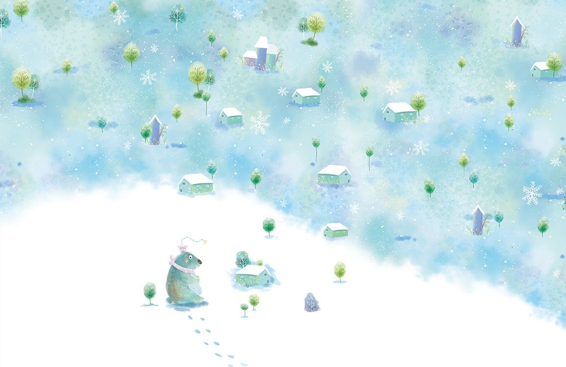 Whimsical Winter Wonderland Pastel Mural Wallpaper with Snowy Cottage Scene