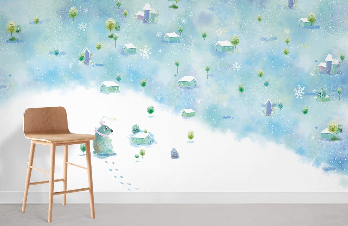 Whimsical Winter Wonderland mural; snowy cottage, pastel blue wall, wood chair, grey floor, serene decor.