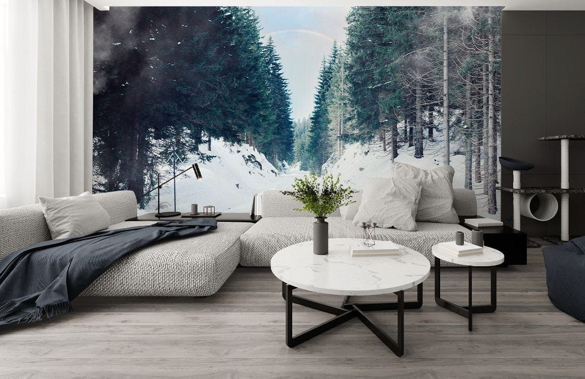 Serene Winter Forest Road Mural Wallpaper - Scenic Snowy Landscape Design
