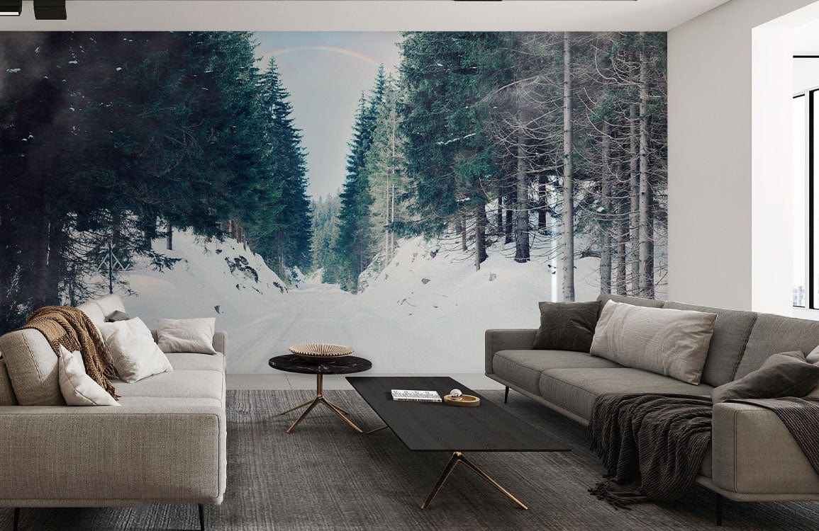 Serene Winter Forest Road Mural Wallpaper - Scenic Snowy Landscape Design