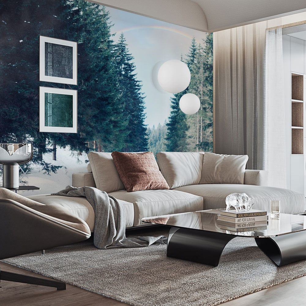 Modern living room with Serene Winter Forest Road Mural, beige sectional sofa, and glass coffee table.