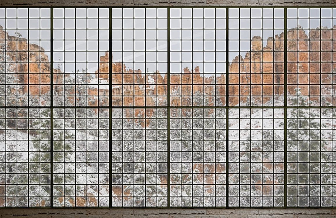 Scenic Winter Mountain Landscape Mural Wallpaper with Grid Window Design