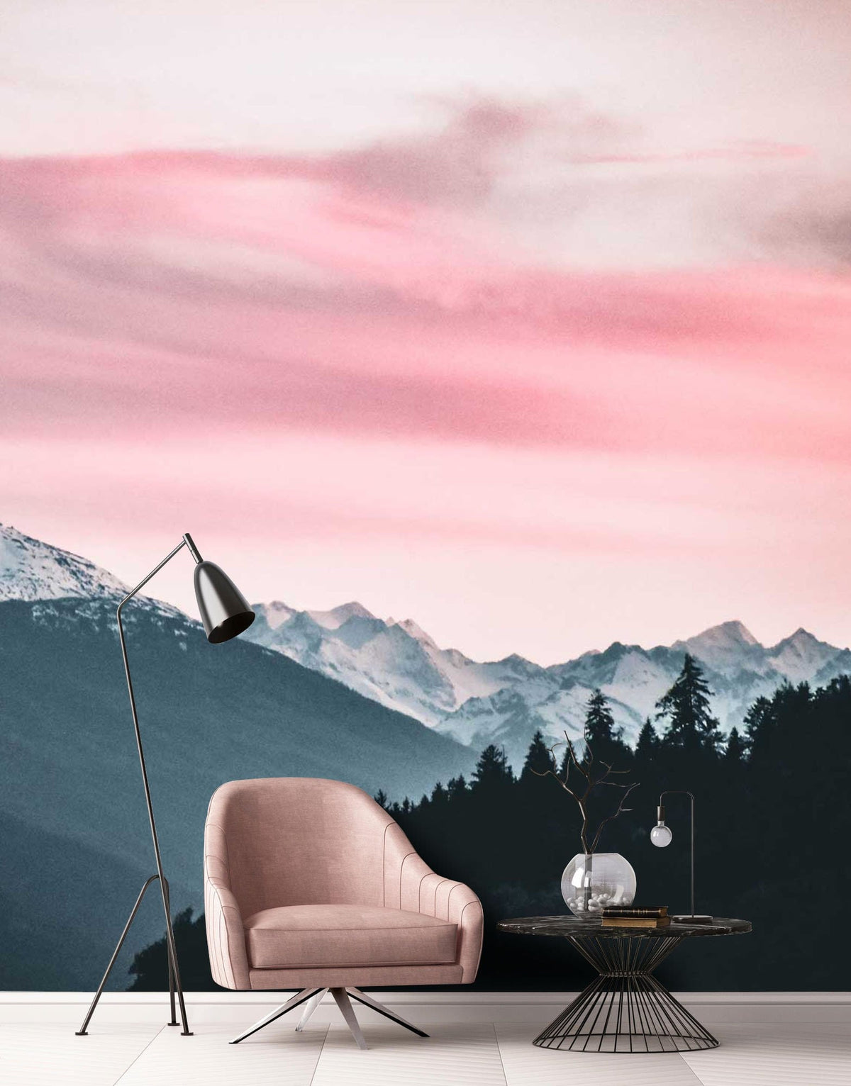 Serene Pink Dusk Mountain Mural with pink chair, metal table, and white flooring in a living room.