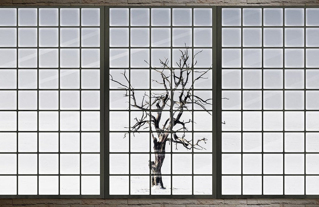 Winter Tree Black and White Mural Wallpaper, Minimalist Window View Design