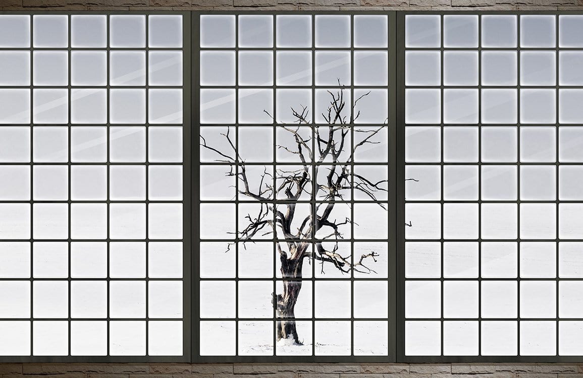 Winter Tree Black and White Mural Wallpaper, Minimalist Window View Design