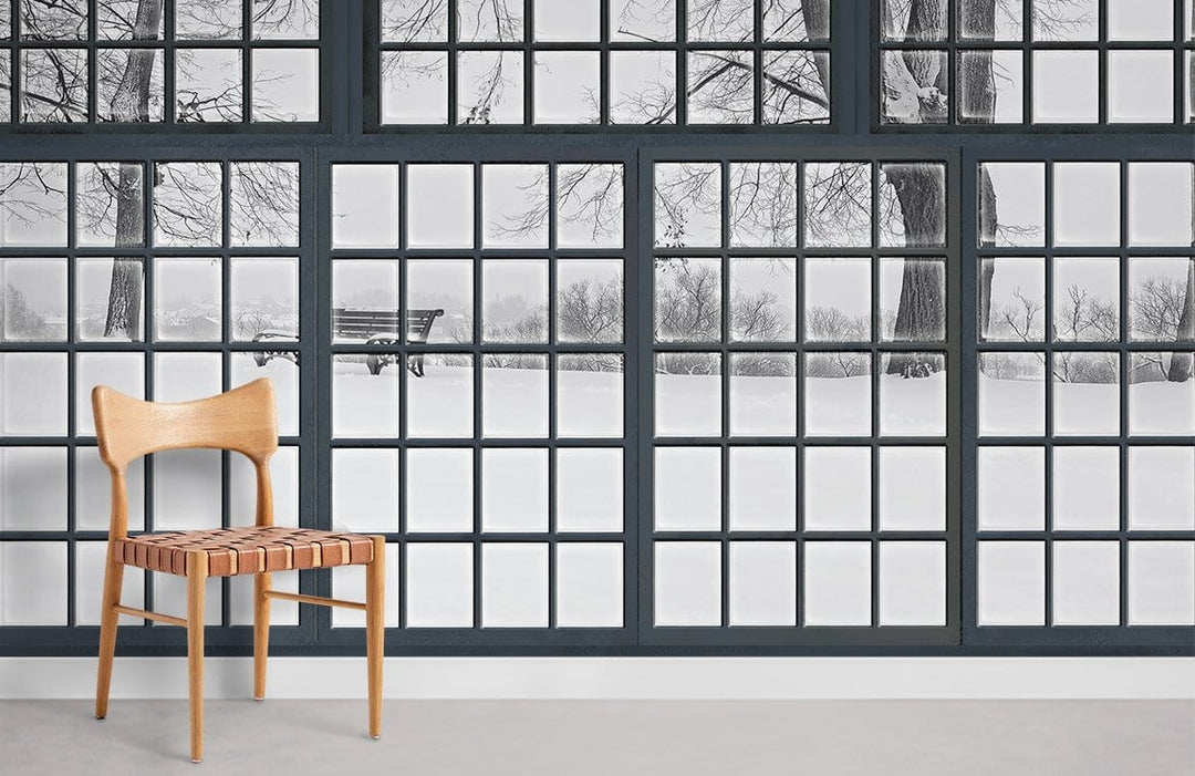 Panoramic Winter Park Mural Wallpaper with Grey Grid, wooden chair, minimalistic room, light flooring.