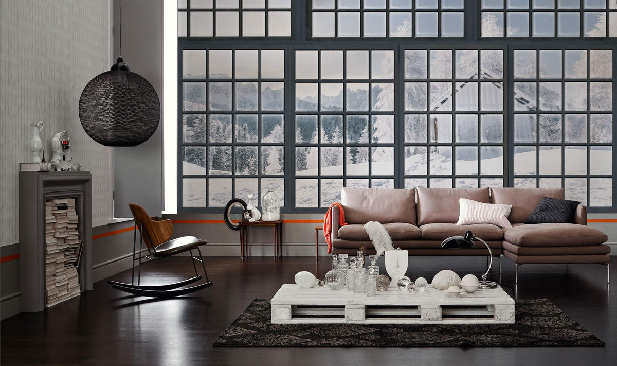 Winter Wonderland Snowy Landscape Mural with Rustic Window, Grey Sofa, Dark Wood Flooring, Modern Room.