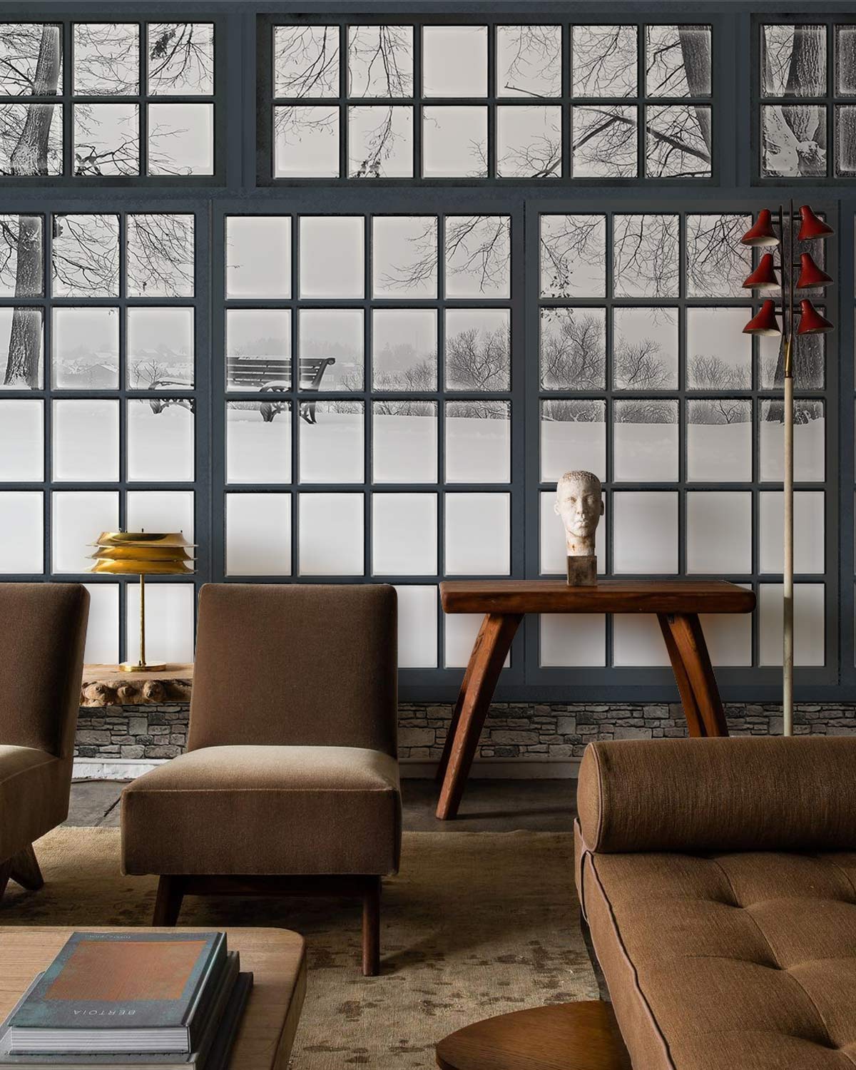 Panoramic Winter Park Mural Wallpaper, grey window grid, brown armchairs, wooden console, beige carpet.