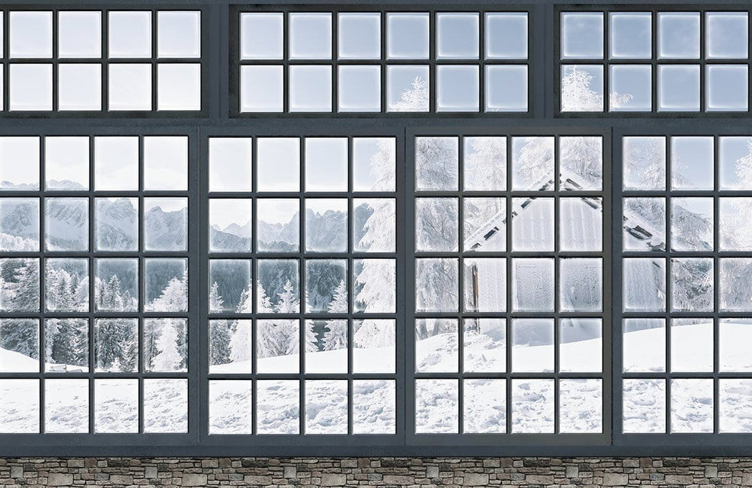 Winter Wonderland Snowy Landscape Mural Wallpaper with Rustic Window View