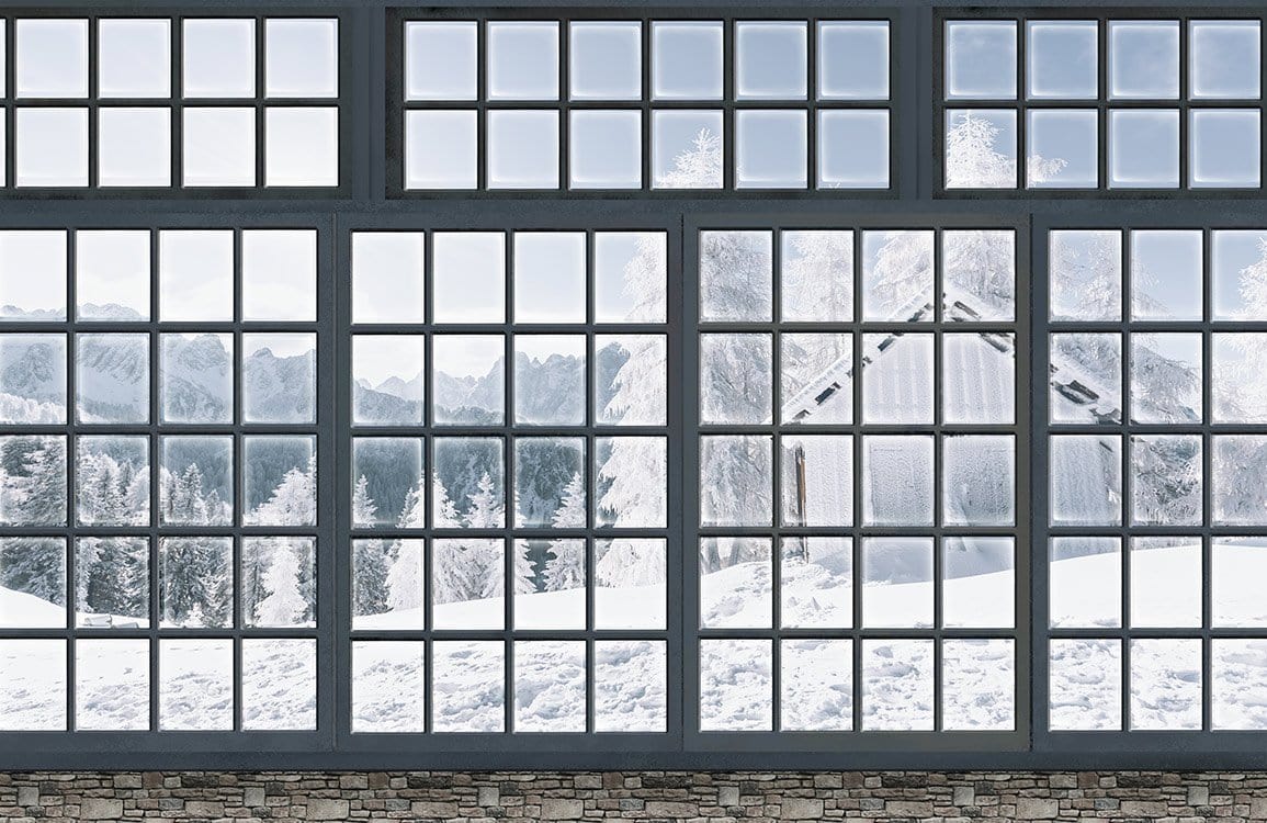 Winter Wonderland Snowy Landscape Mural Wallpaper with Rustic Window View