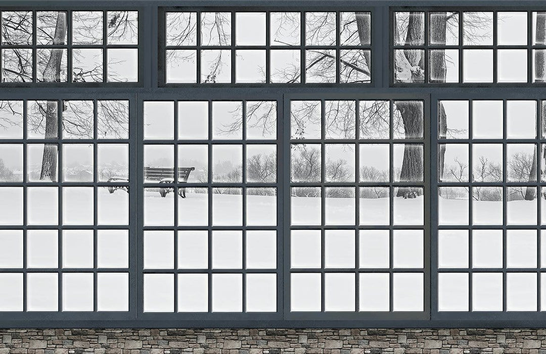Panoramic Winter Park Mural Wallpaper with Grey Window Grid Design