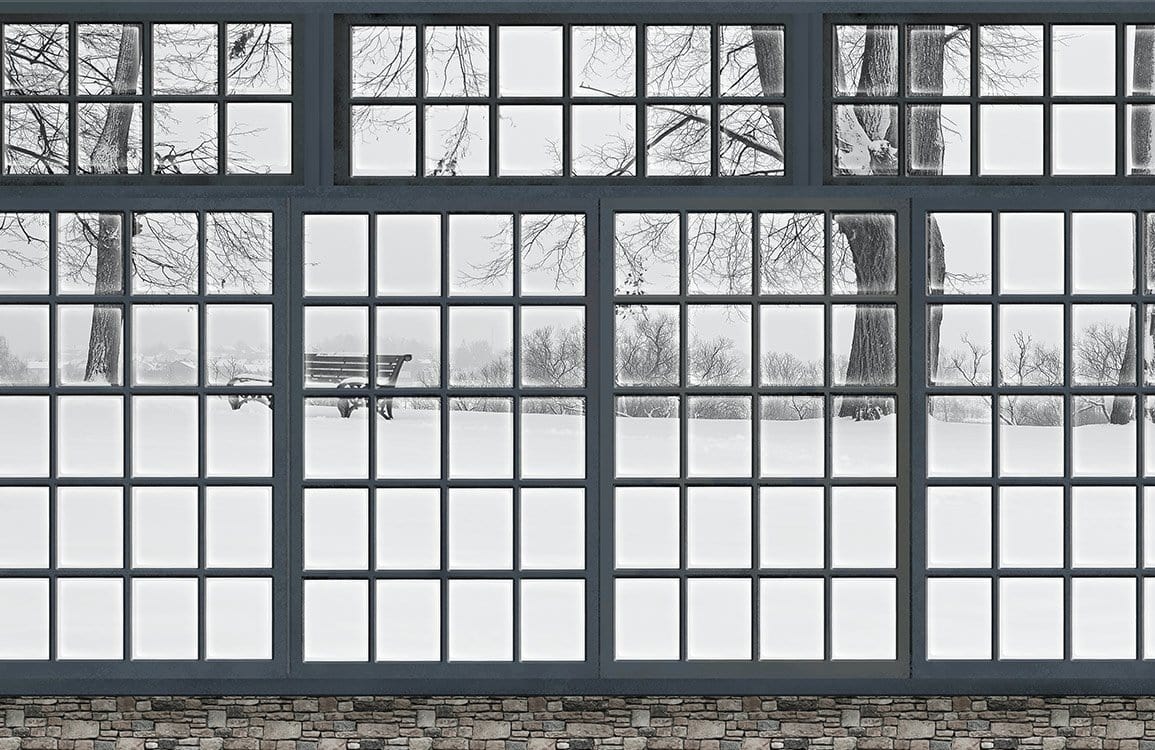 Panoramic Winter Park Mural Wallpaper with Grey Window Grid Design