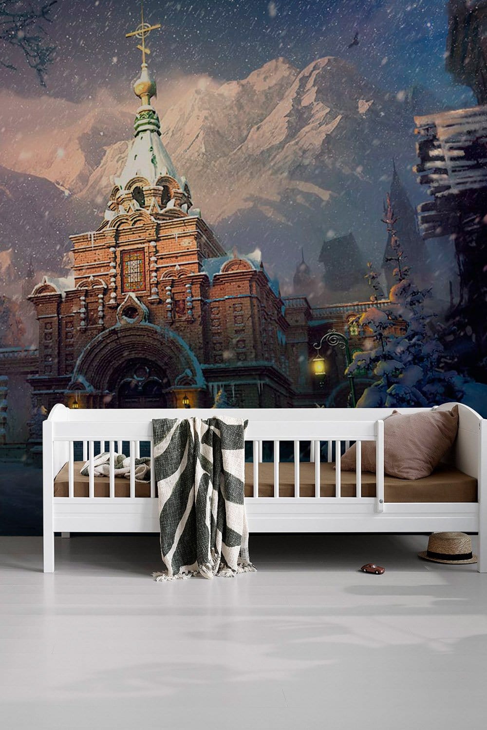 Winter Wonderland Snowy Castle Scenic Mural Wallpaper with white modern sofa and elegant flooring.