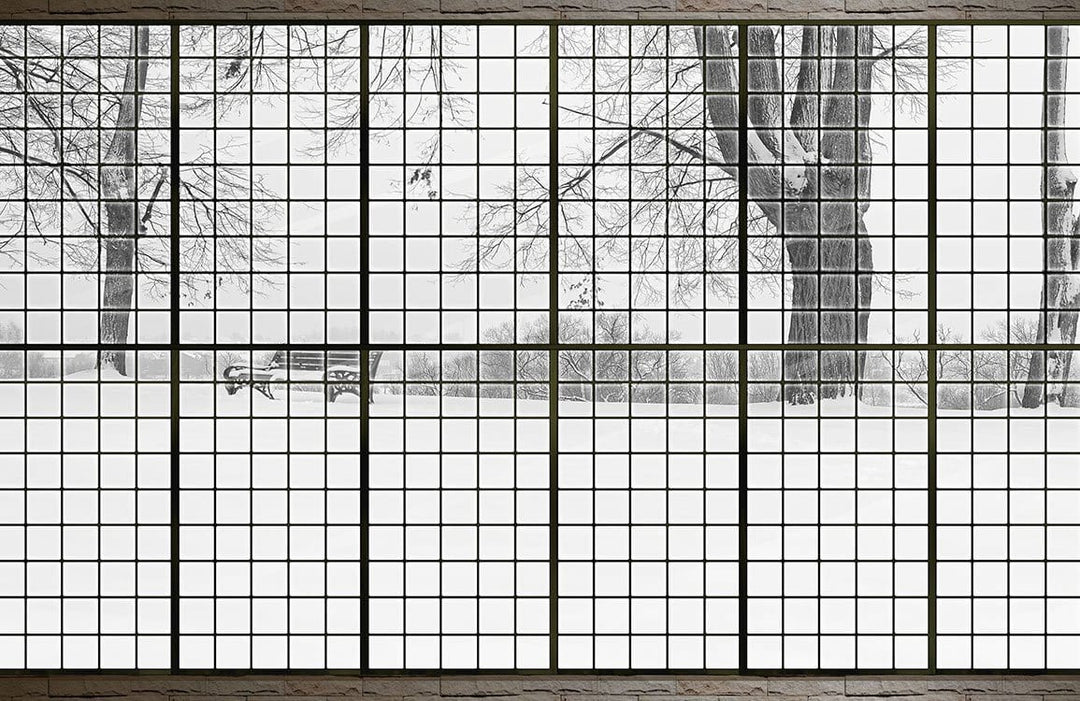 Panoramic Winter Landscape Mural Wallpaper with Black Grid Design in Grey