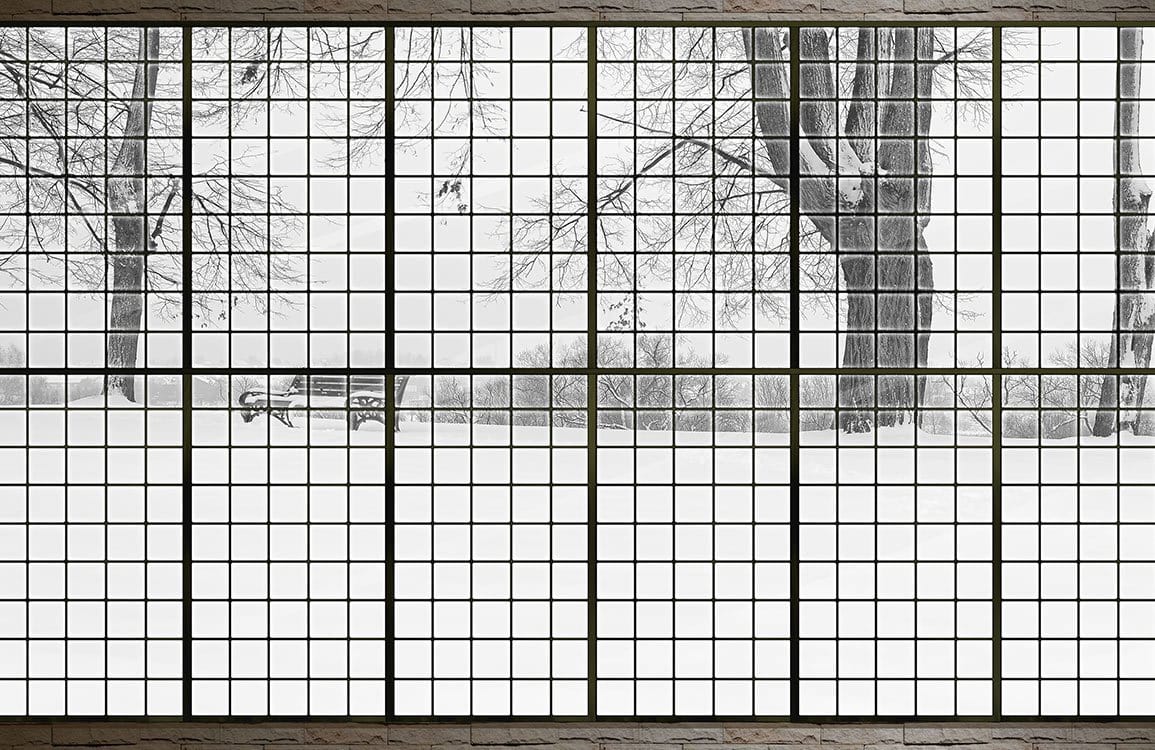 Panoramic Winter Landscape Mural Wallpaper with Black Grid Design in Grey