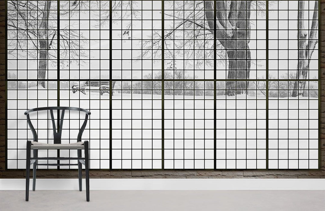 Panoramic winter landscape mural wallpaper, black grid, grey; wooden chair, modern living room interior.