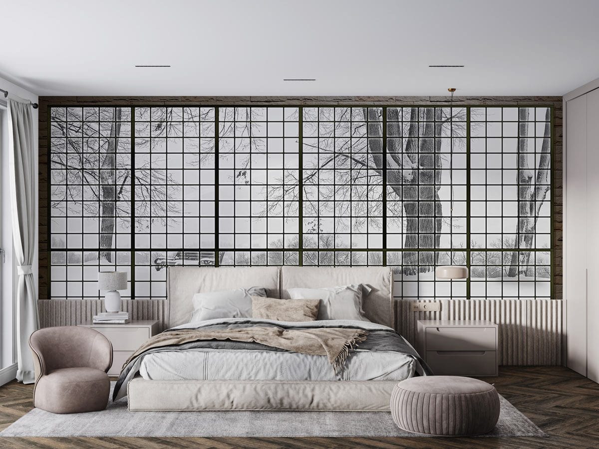 Bedroom with Panoramic Winter Landscape Mural, grey features; neutral furnishings, parquet flooring, serene decor.