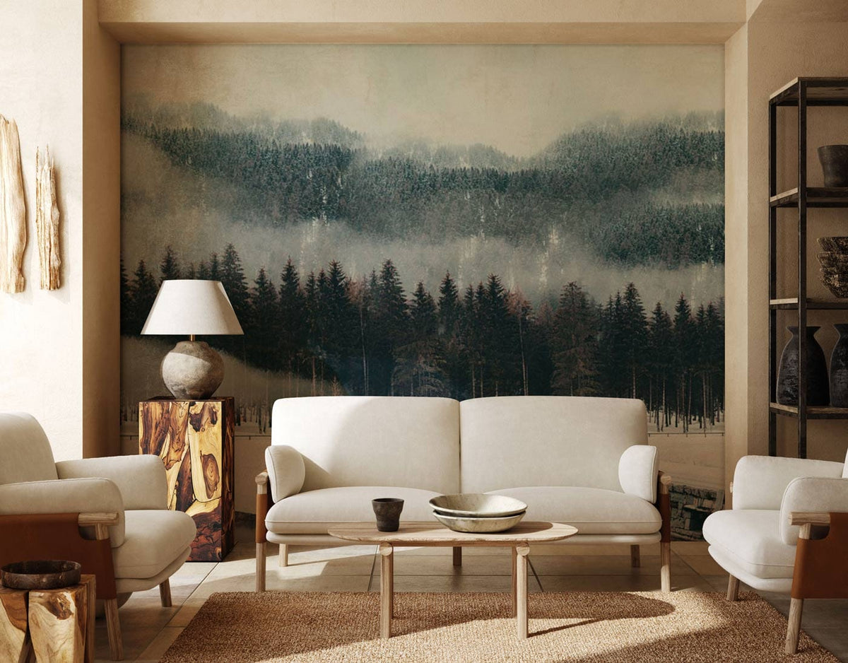 Tranquil winter forest mural wallpaper, soft greys and whites, modern beige sofa, natural wood furnishings.
