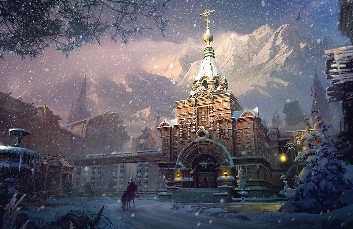 Winter Wonderland Snowy Castle Scenic Mural Wallpaper - Rustic Elegance Design