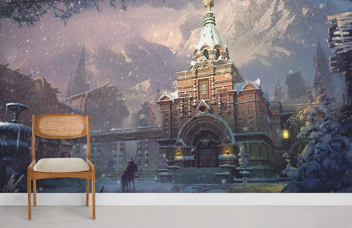 Winter Wonderland Snowy Castle Scenic Mural with Wooden Chair on Grey Floor in Living Room.