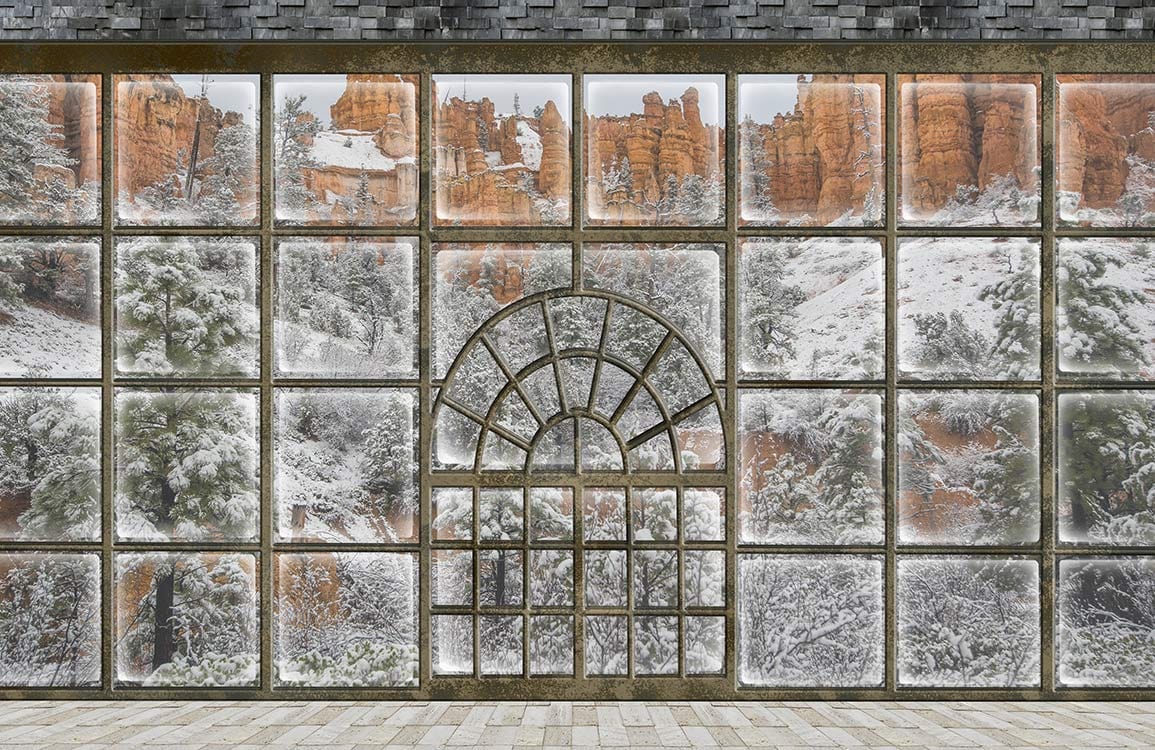 Winter Wonderland Canyon View Mural Wallpaper in Rustic Earth Tones