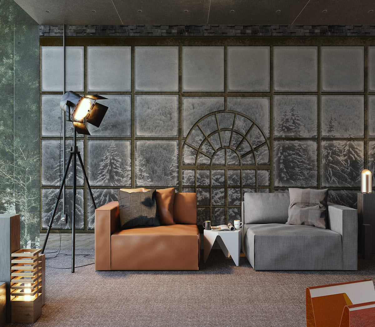 Rustic Frosted Forest Mural Wallpaper in grey tones features windowpane. Brown and grey sofas, carpet flooring.