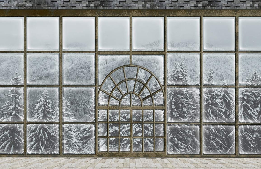 Rustic Frosted Forest Mural Wallpaper with Windowpane Design - Grey Tones