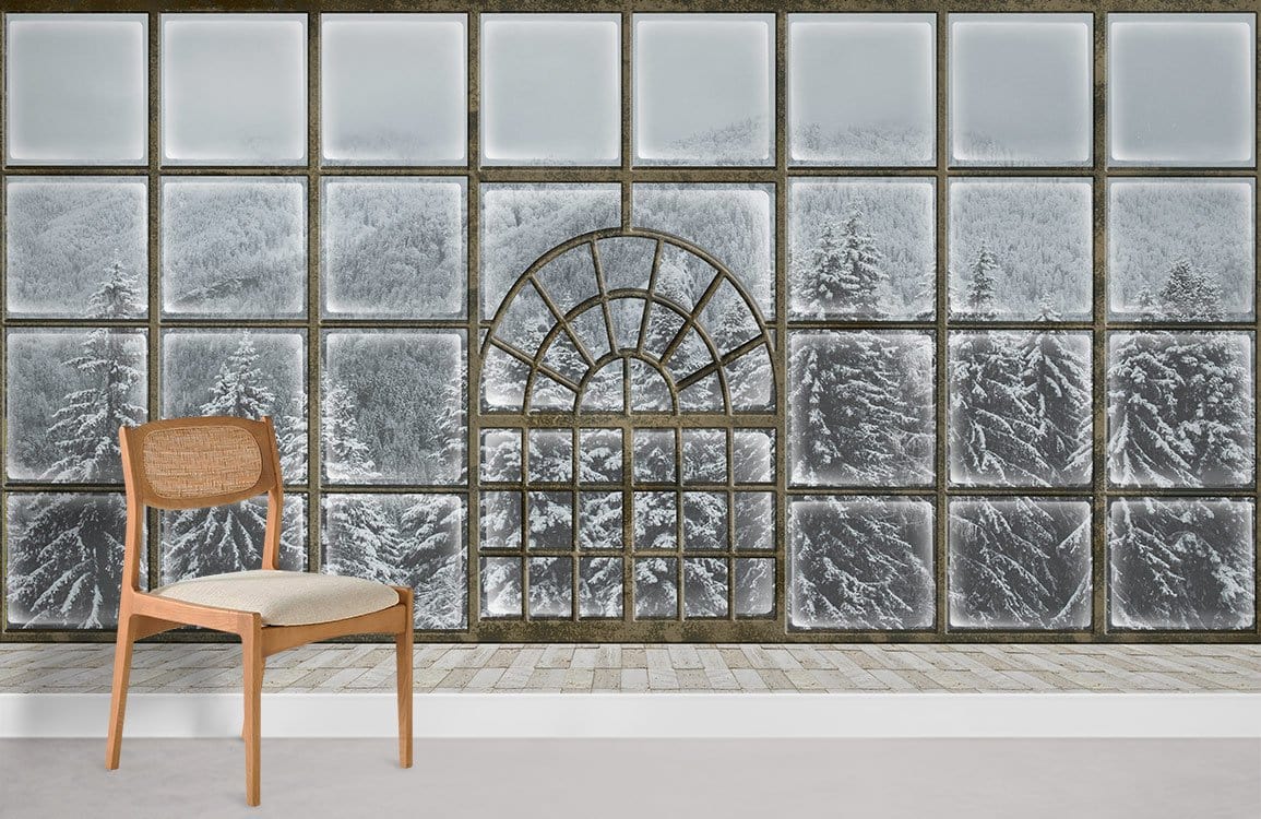 Rustic Frosted Forest Mural Wallpaper in grey tones with windowpane design, wooden chair, light flooring.